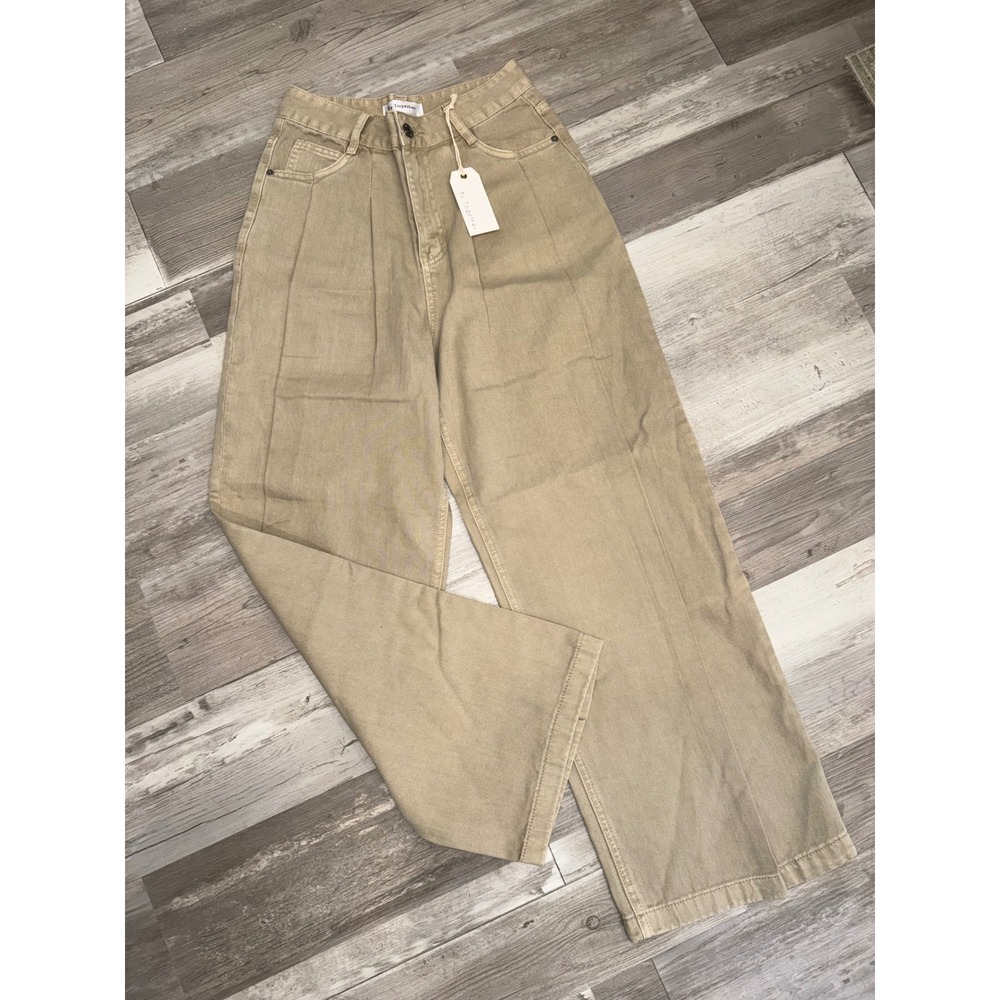 By Together Wide Leg Pants Women Tan Pleated Cotton Denim Trousers Small BD2277